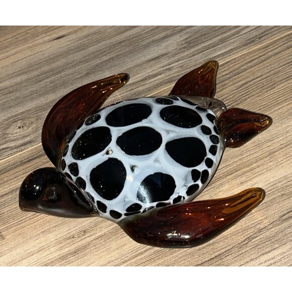 Art Glass TURTLE Paper Weight Tri Colored Spotted Back Amber Black White Head Up - Picture 1 of 9